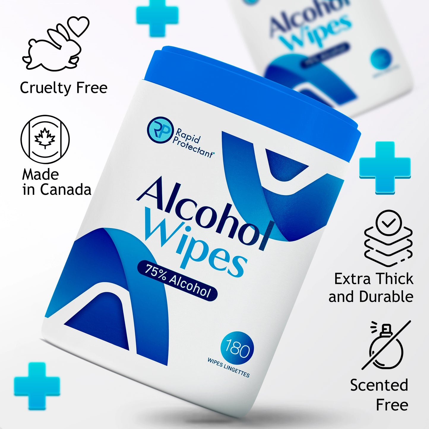 180 Canadian alcohol wipes: cruelty-free, thick, durable, scent-free.