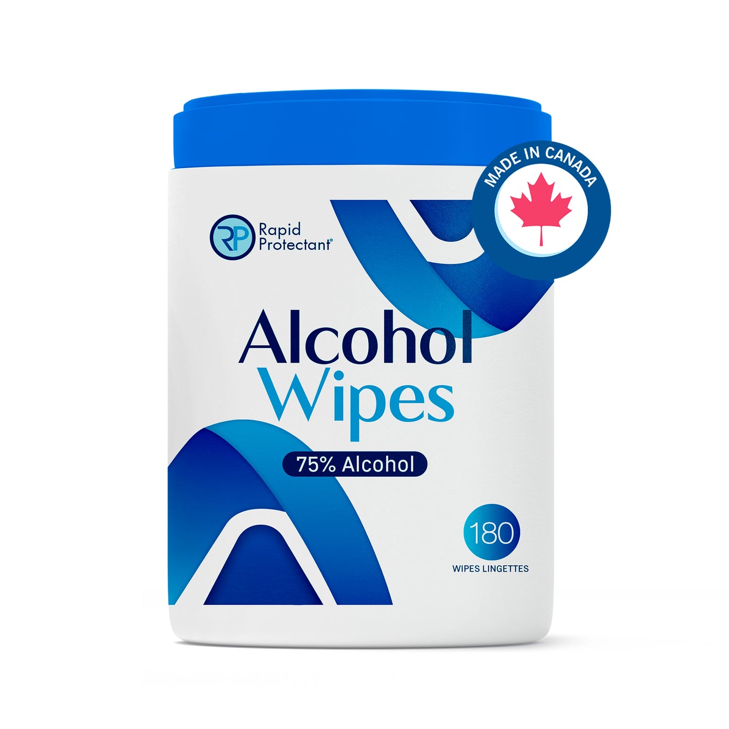 Canister of 180 alcohol wipes with 75% isopropyl alcohol by Rapid Protectant.