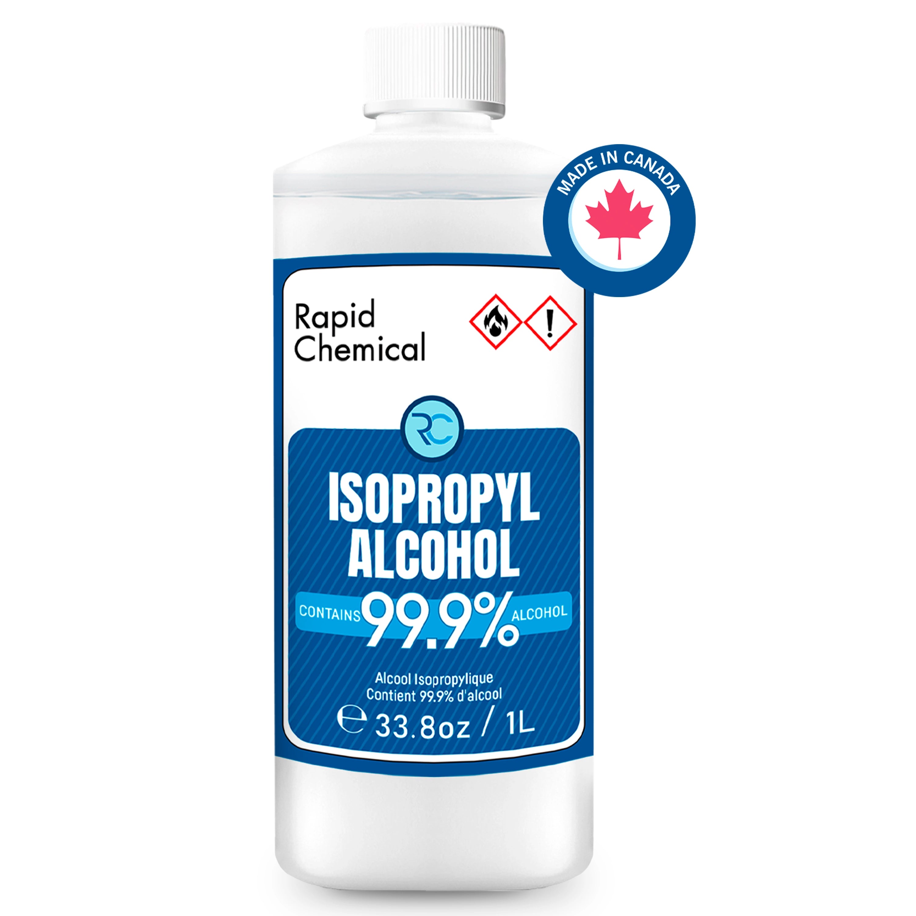 Rapid Chemical 99.9% Isopropyl Alcohol 1L – High-purity USP-grade disinfectant, made in Canada. Ideal for cleaning, sanitizing, and industrial use. Safety-sealed and packaged for reliability.