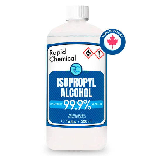 Rapid Chemical 99.9% Isopropyl Alcohol 500ml – USP-grade, made in Canada, safety-sealed, ideal for disinfecting, cleaning, and industrial use. Packaged in recyclable materials.