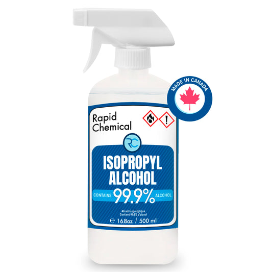 Rapid Chemical 99.9% Isopropyl Alcohol 500ml Spray Bottle – USP-grade, made in Canada, safety-sealed, ideal for disinfecting, cleaning, and industrial use. Convenient spray nozzle for easy application.