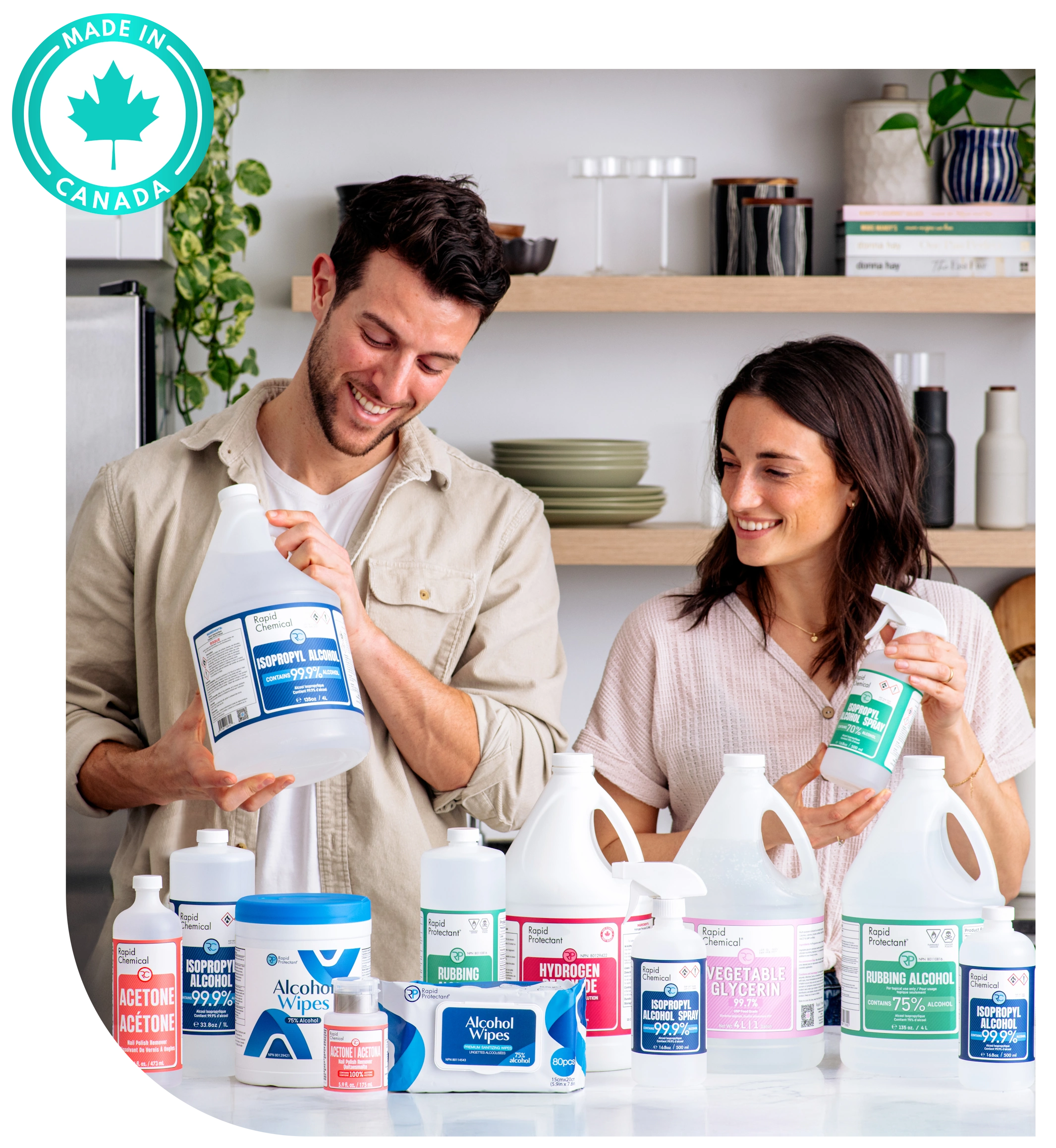 Man and woman with Rapid Protectant alcohol products and Made in Canada seal.