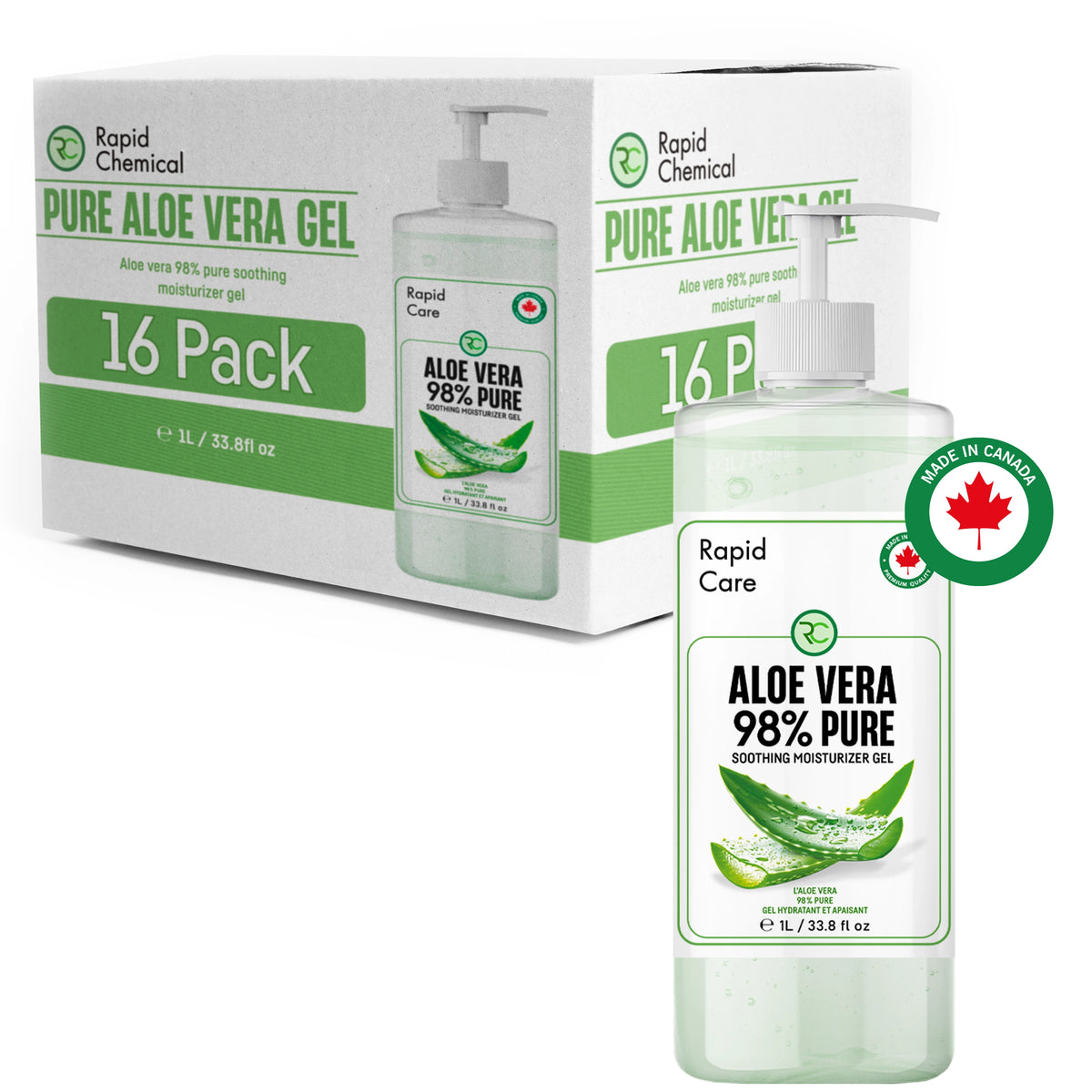 98% Pure Aloe Vera Gel with Pump Dispenser 1L - 16 Pack (1 Case)