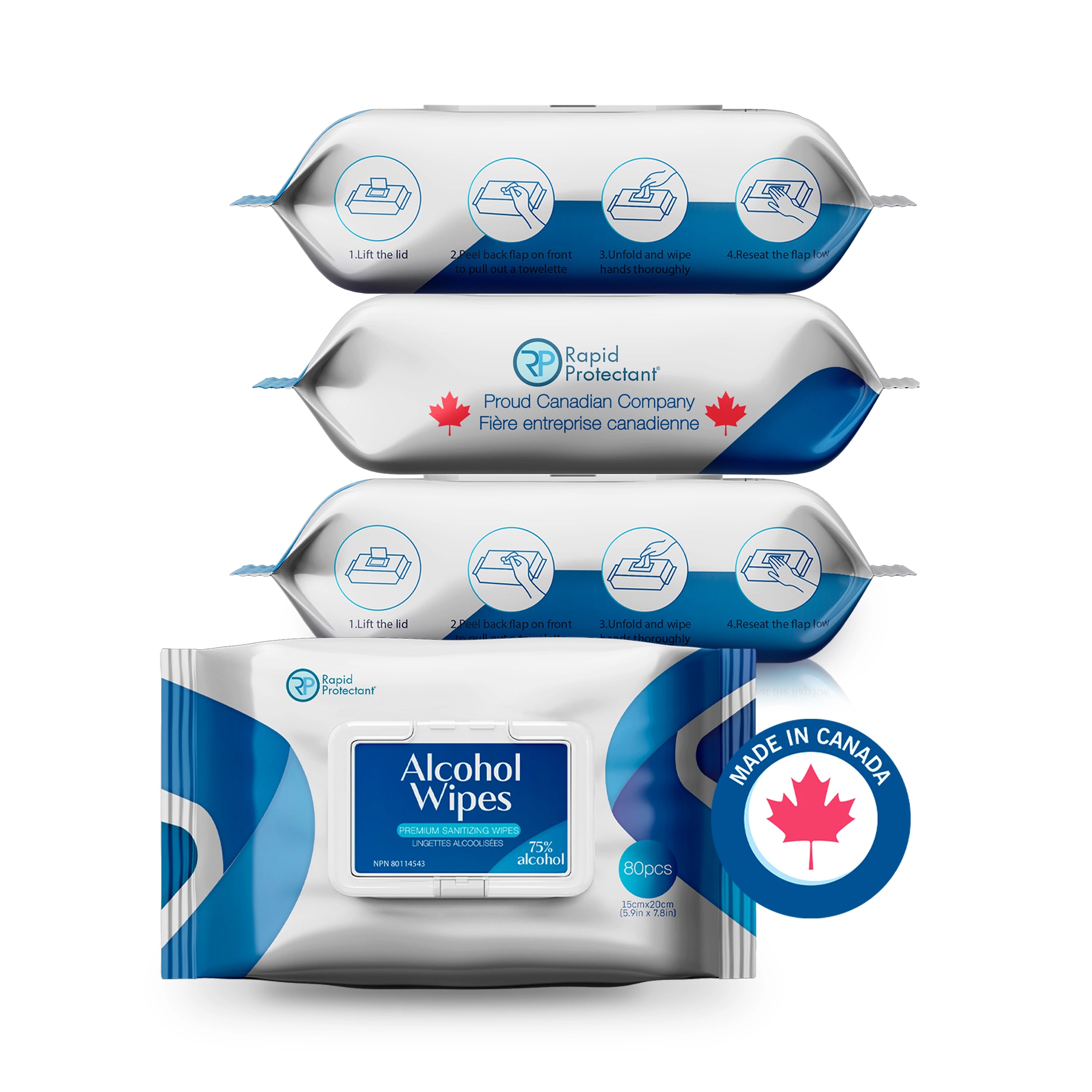 Pack of 80 alcohol wipes with 75% isopropyl alcohol, labeled ‘Proud Canadian Company’ and ‘Fibre enterprise canadienne.’